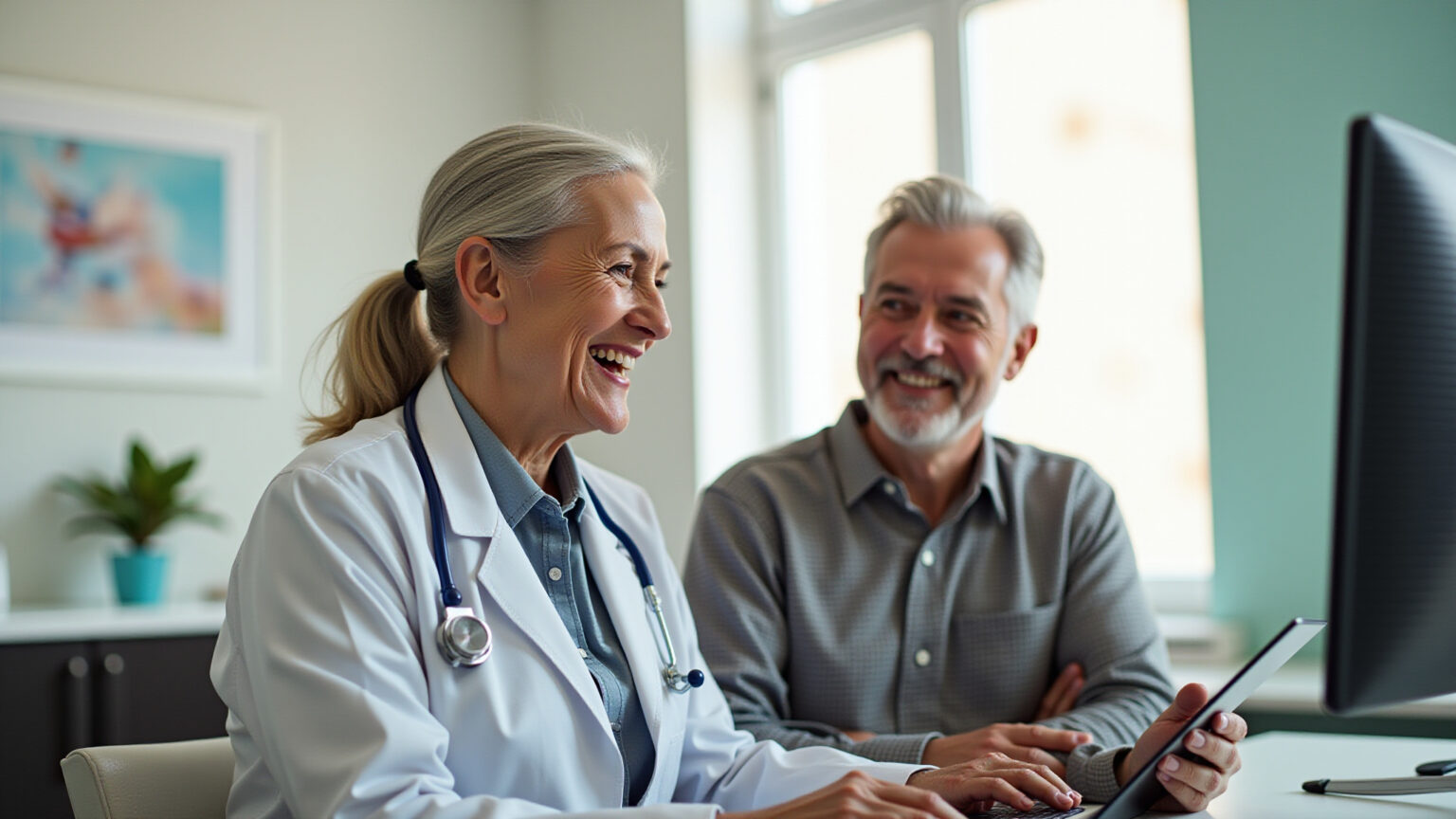 Casal sênior sorrindo conversando sobre plano de saúde MedSênior.