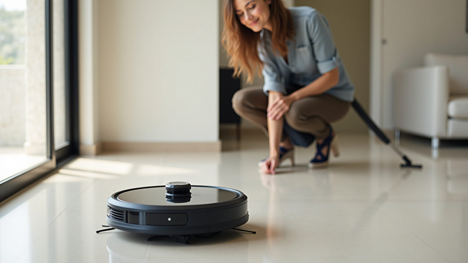 Mulher sorrindo enquanto robô aspirador limpa o chão.