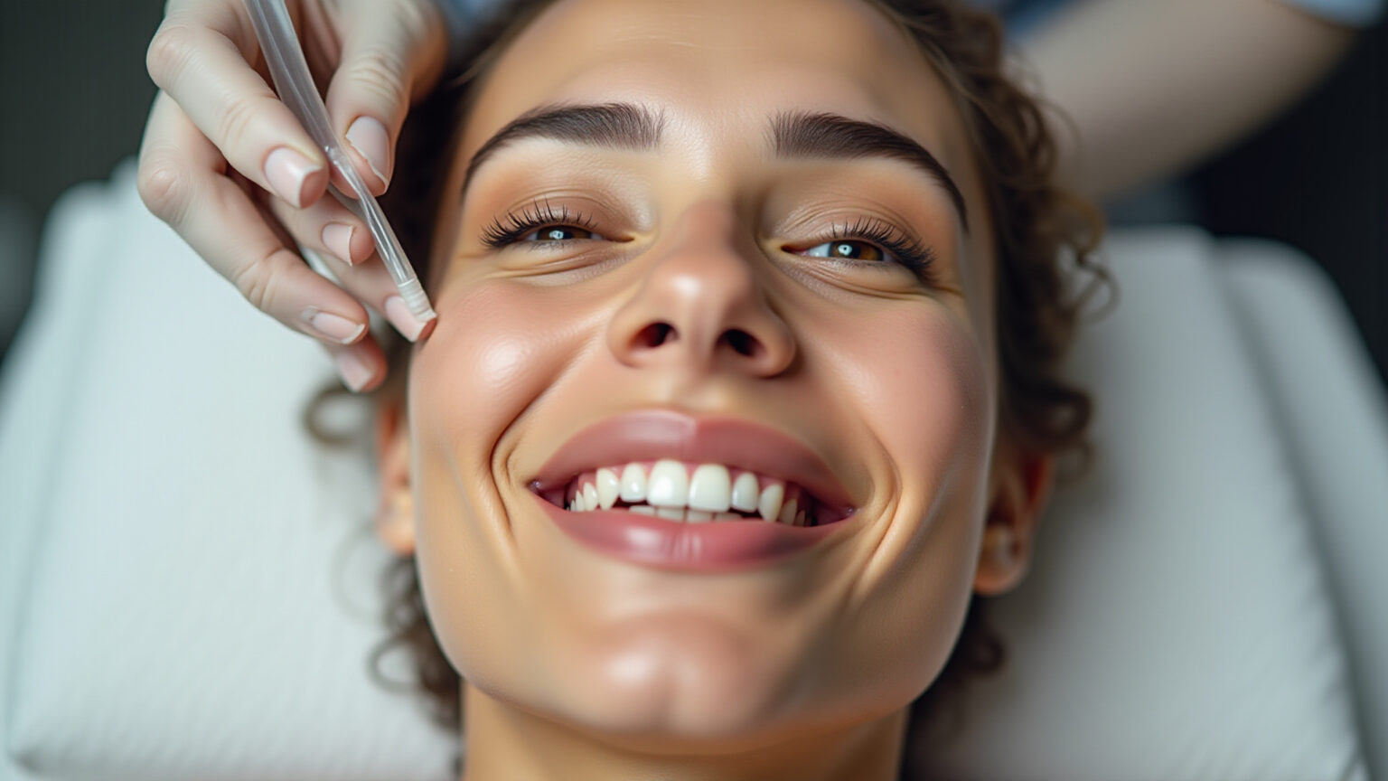 Mulher sorrindo durante tratamento de microagulhamento facial.