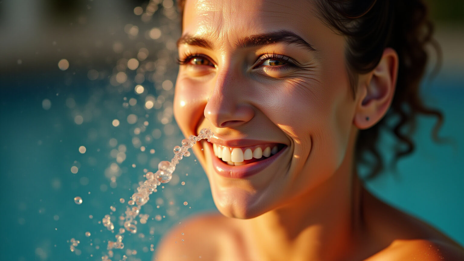 Mulher brasileira sorrindo aplicando água termal no rosto.