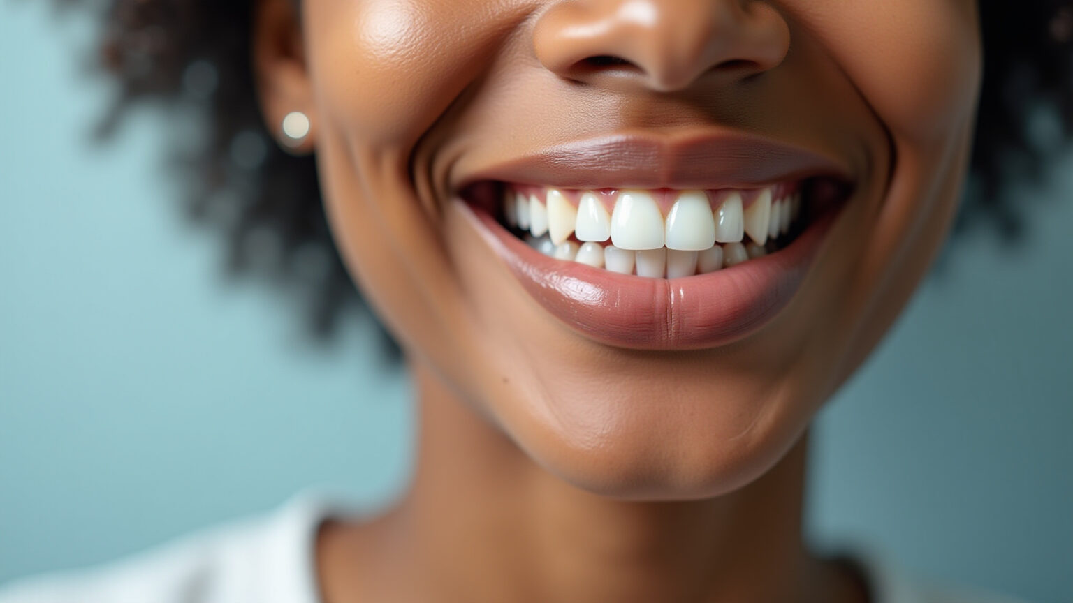 Sorriso radiante após clareamento dental com gengivas saudáveis.