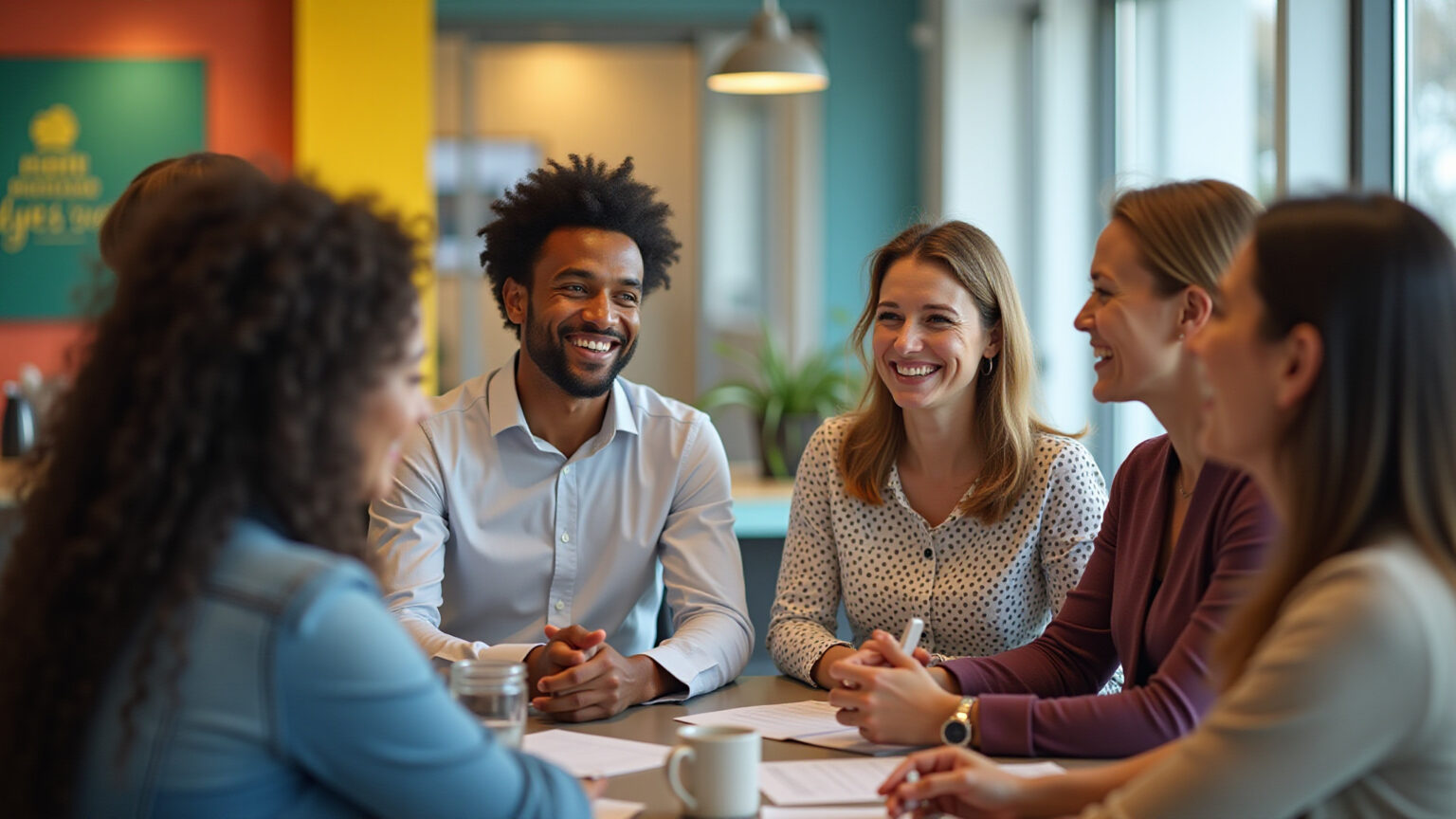 Profissionais diversos em ambiente de trabalho inclusivo discutindo pronomes.