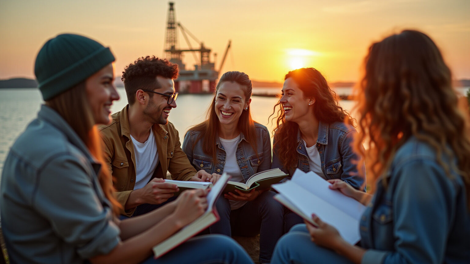 Edital Concurso Petrobras 2026: Prepare-se para a Aprovação! Brasileiros estudando para o concurso da Petrobras com plataforma ao fundo.