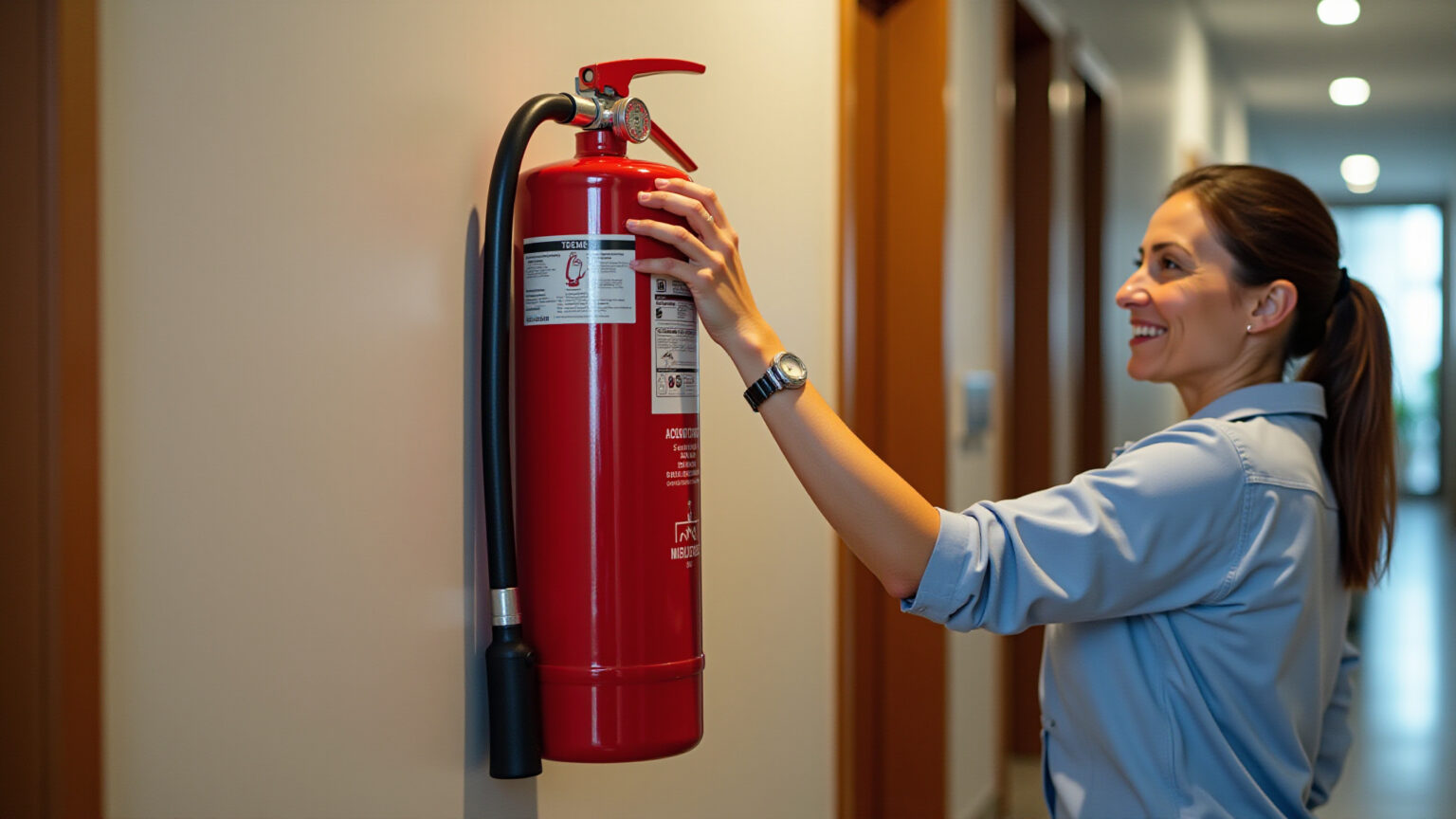 Síndico inspecionando extintor de incêndio em condomínio.
