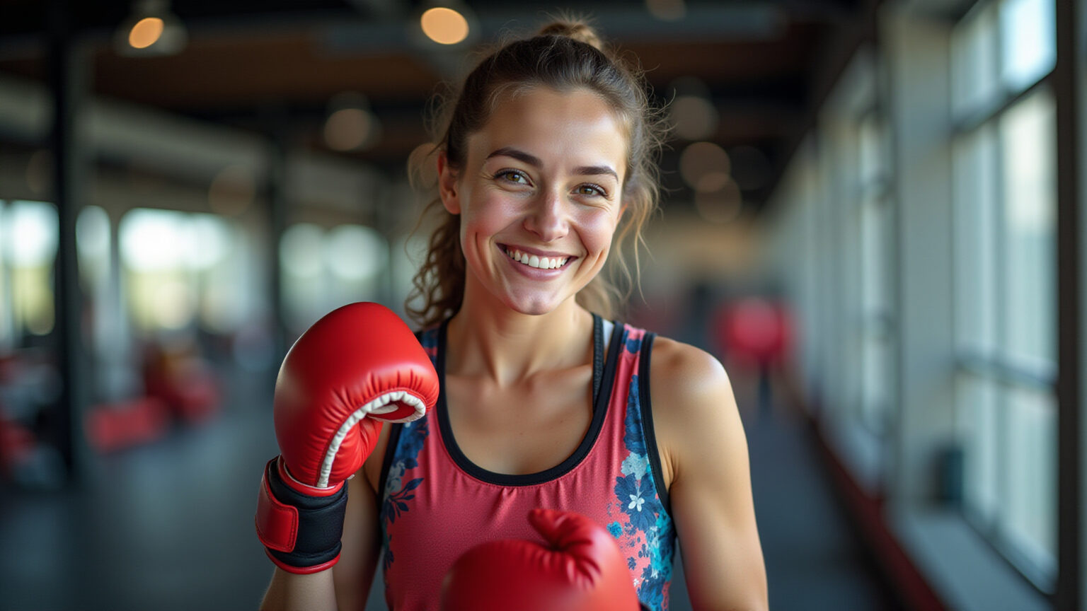 Mulher sorrindo treinando Muay Thai com kit infantil.