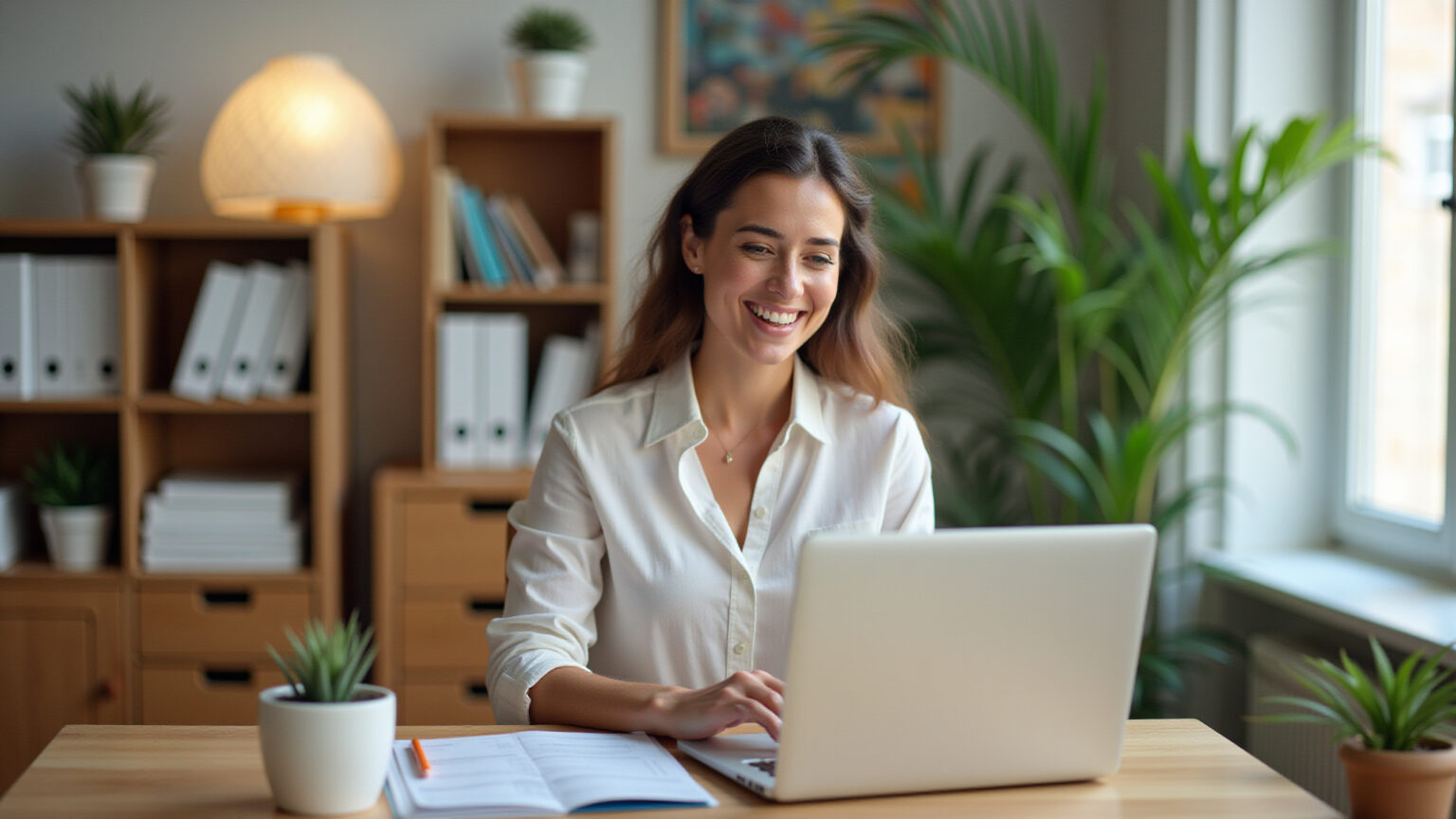 Mulher trabalhando em escritório organizado com gaveteiro de madeira.