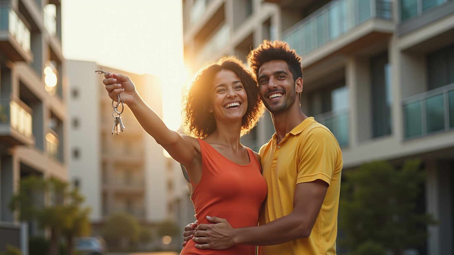 Casal sorrindo na frente de um apartamento do Minha Casa Minha Vida na Zona Sul de São Paulo.