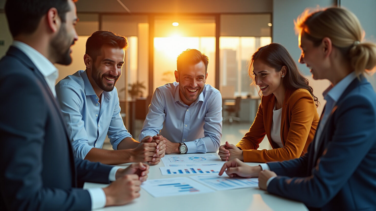 Profissionais brasileiros colaborando em um ambiente de escritório moderno, discutindo finanças.