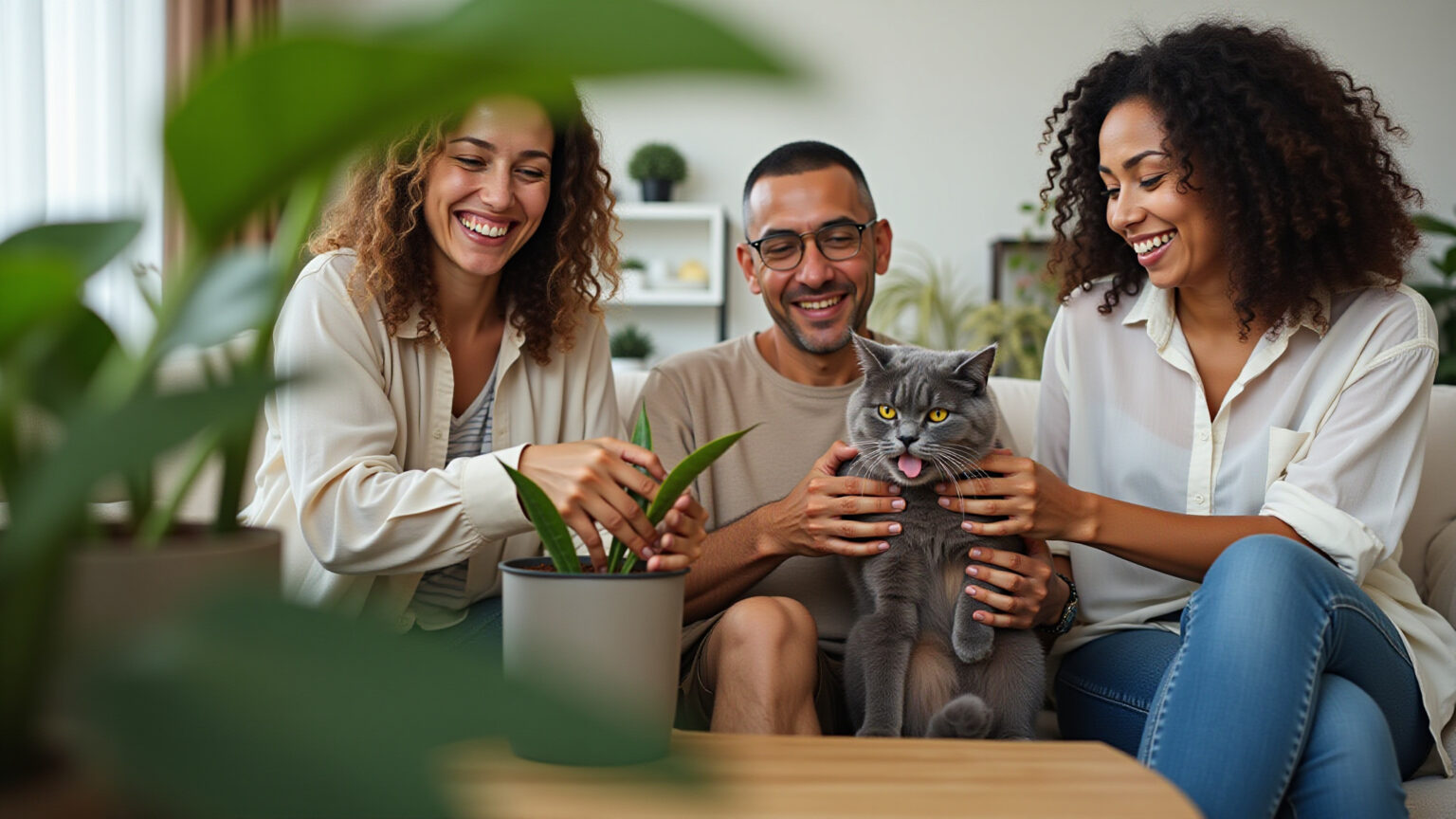 Sala brasileira pet-friendly com plantas seguras, adultos sorrindo e um gato feliz.