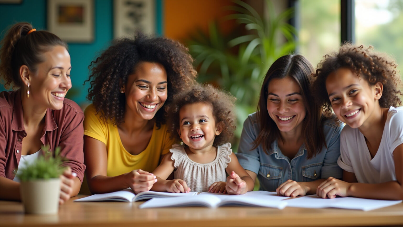 Grupo de adultos brasileiros sorrindo e escolhendo nomes com A para um bebê.