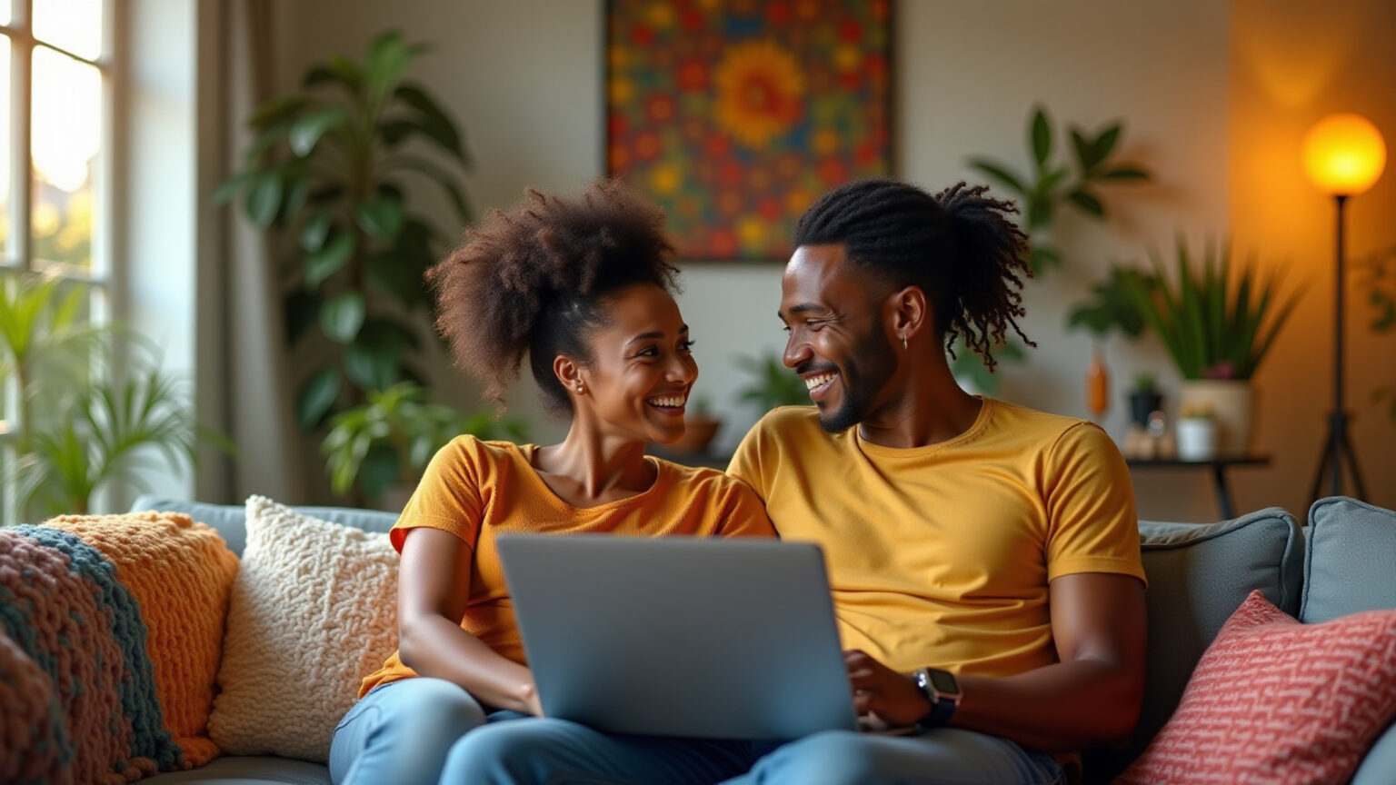 Casal brasileiro sorrindo durante uma videochamada, em sala com decoração vibrante inspirada no Brasil.