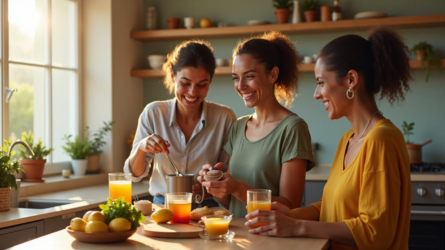 Água com Limão, Chá de Boldo e Crenças da Medicina Popular: O Que a Ciência Diz? Adultos brasileiros sorrindo e preparando água com limão e chá de boldo em uma cozinha vibrante.