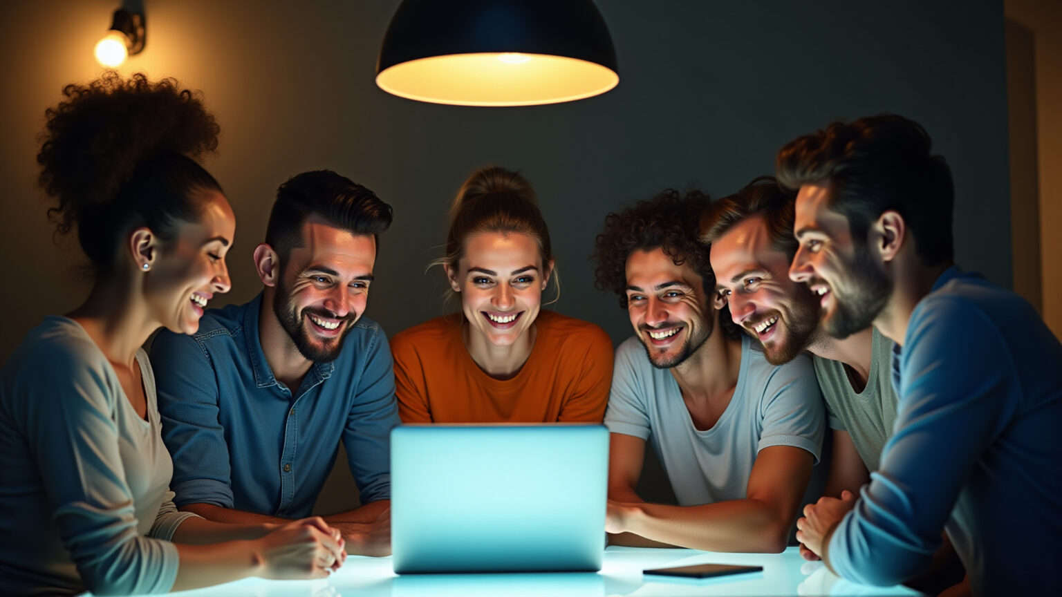 Profissionais brasileiros sorrindo e colaborando em torno de um laptop com métricas de email.