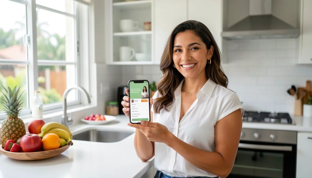 Mulher sorrindo com celular mostrando confirmação de consulta com nutricionista pelo plano de saúde.