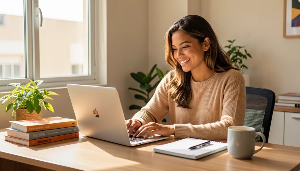 Mulher jovem estudando em casa com laptop e livros, sorrindo confiante.