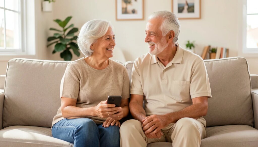 Casal idoso sorrindo em sala de estar moderna, usando smartphone