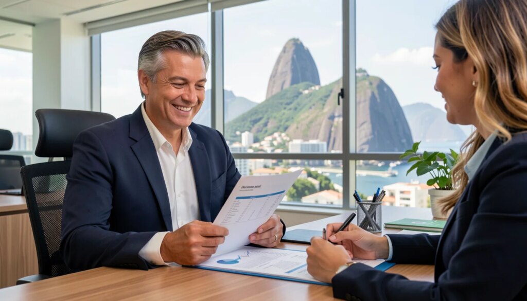 Contador no Rio de Janeiro atendendo cliente em escritório moderno com vista para o Pão de Açúcar.