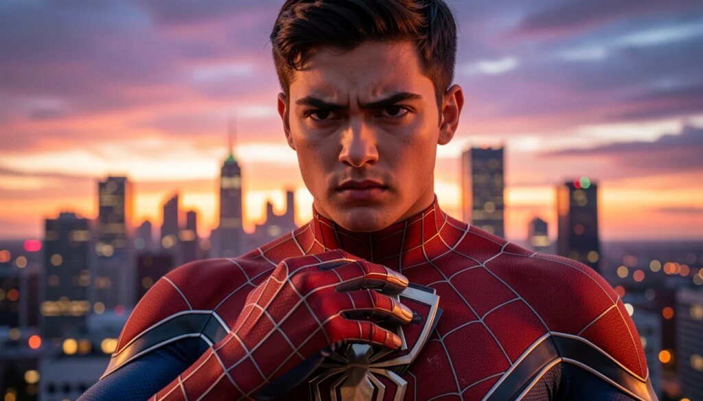 Tom Holland como Homem-Aranha sem máscara, olhando para o horizonte da cidade.
