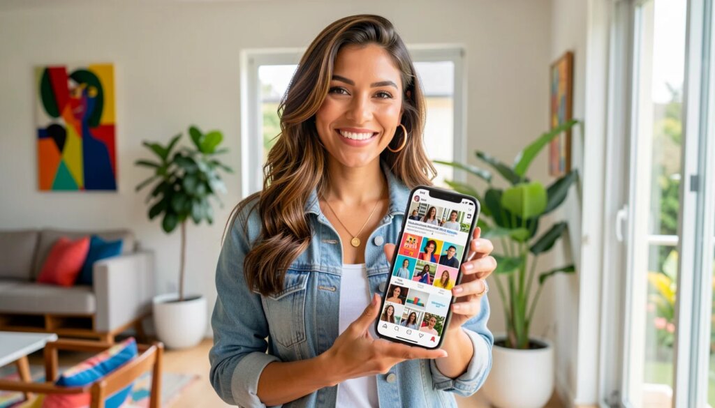 Como deixar o Instagram e o WhatsApp com a sua cara, sem precisar de designer Mulher sorridente segurando smartphone com perfil colorido no Instagram em casa moderna.