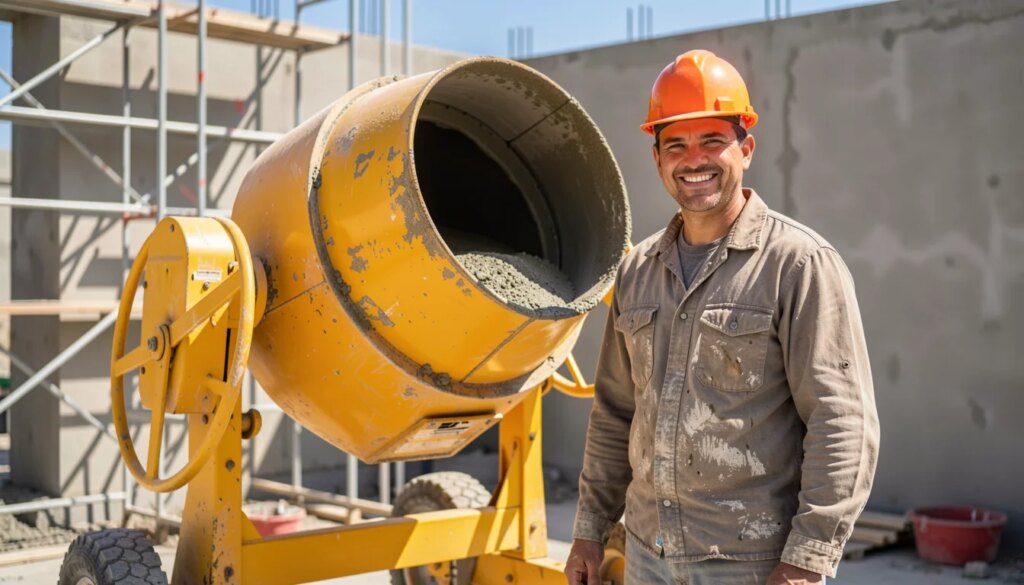 Betoneira: Escolha e Uso Correto Trabalhador sorridente ao lado de betoneira amarela em canteiro de obras