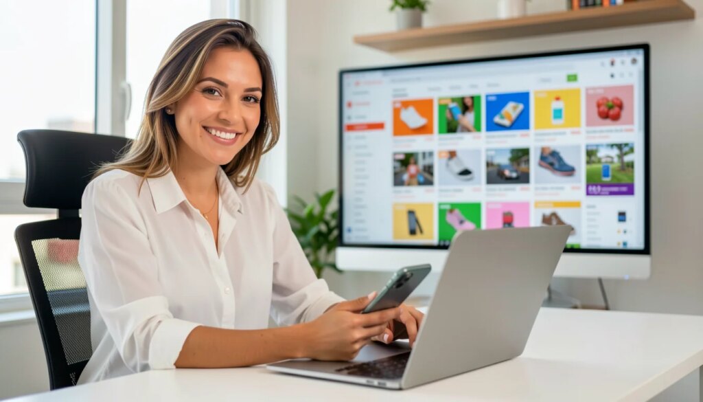 Mulher empreendedora sorridente usando laptop e celular em escritório moderno com painel de e-commerce ao fundo.