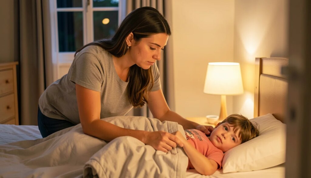 Dicas sobre crianças que muitos pais precisam saber — mas quase ninguém conta Mãe brasileira ajoelhada ao lado da cama do filho, olhando com carinho e preocupação.