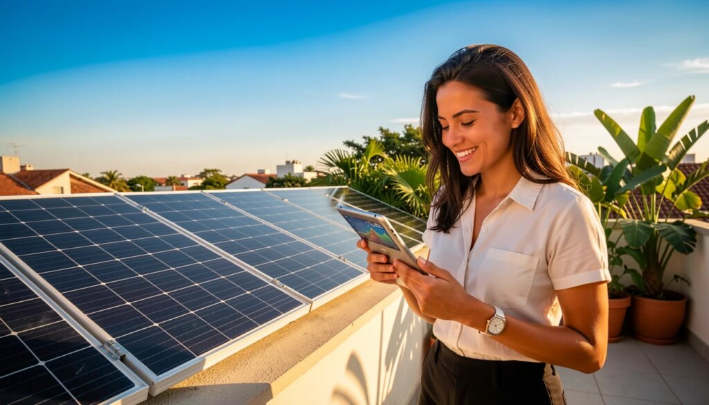 Mulher sorrindo em telhado com painéis solares ao pôr do sol, economia de energia
