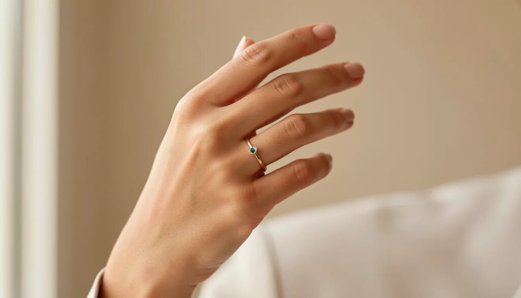 Mão feminina com anel de formatura moderno e delicado em ouro 18k e diamante