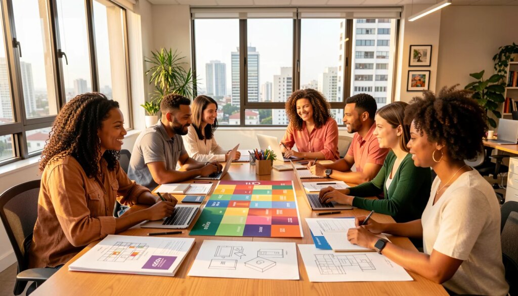Equipe criativa em agência de branding e marketing moderno em São Paulo