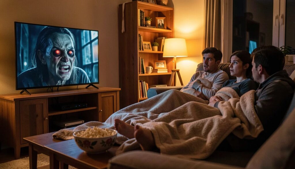 Amigos assistindo maratona de filmes de terror no Dia das Bruxas